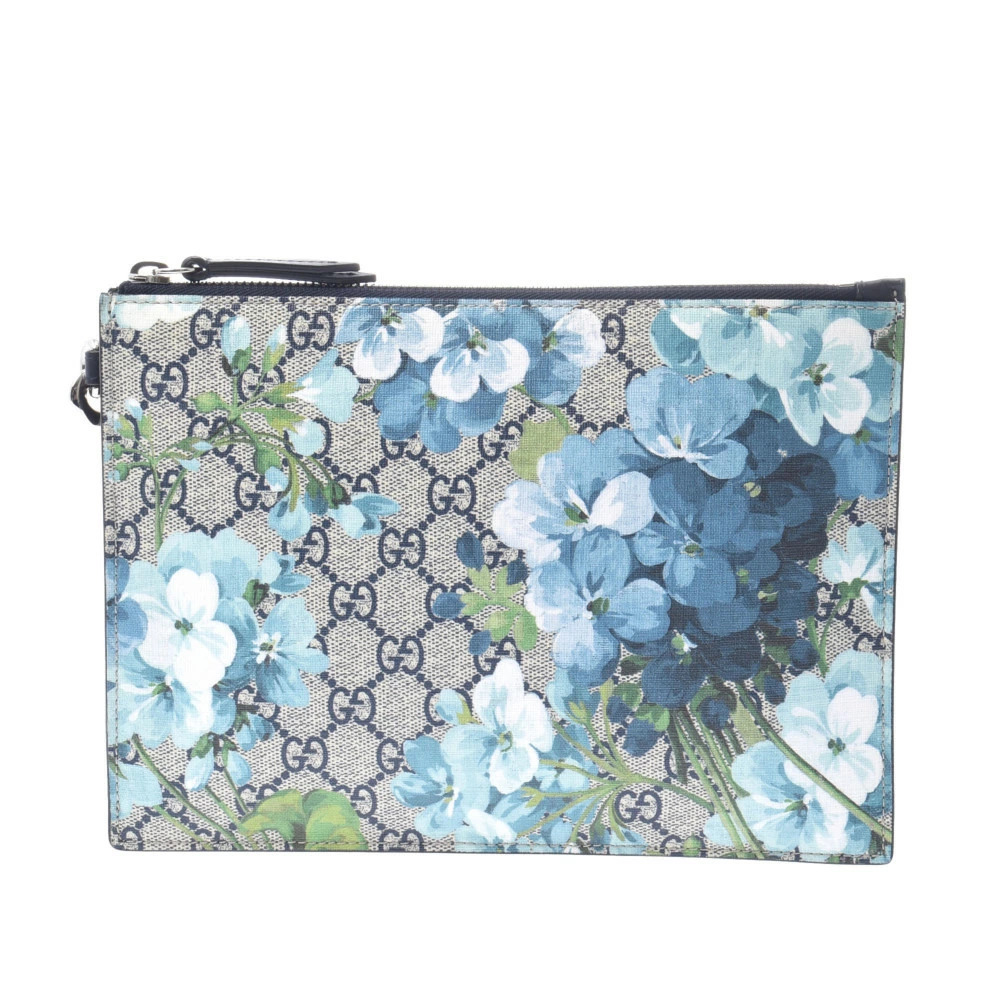 GUCCI Flower Navy Blue GG Supreme Canvas Clutch Bag
